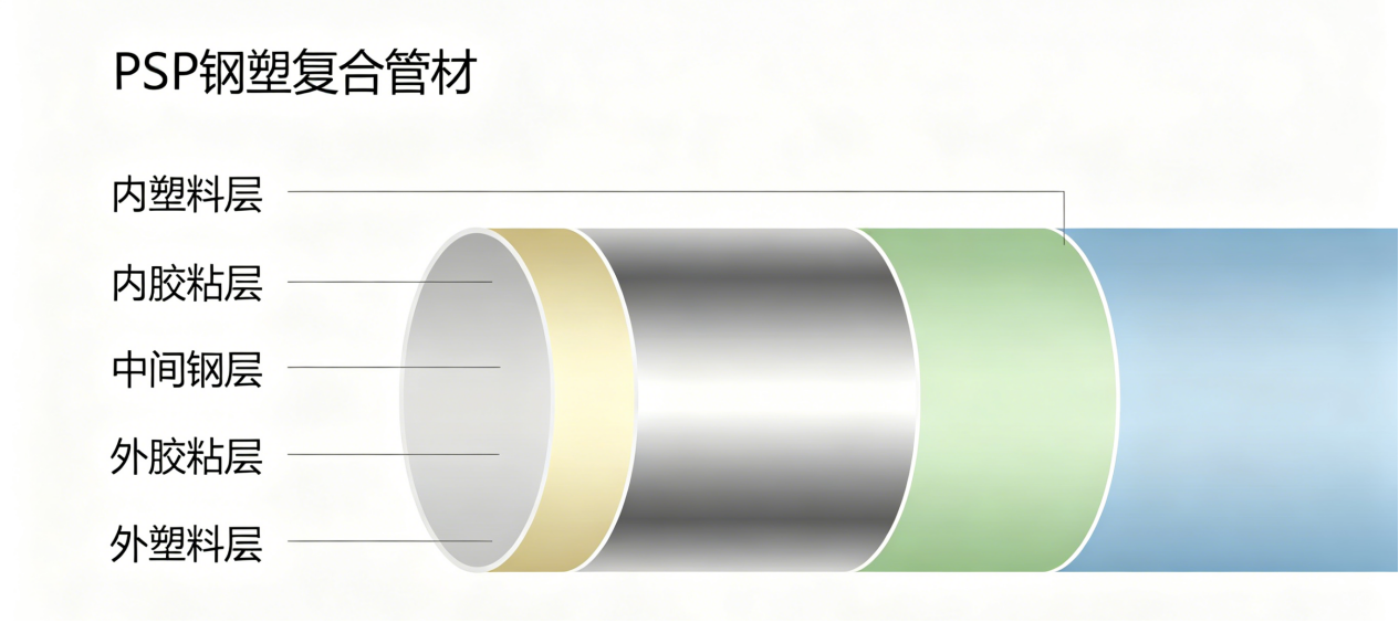 从材料复合到系统可靠:PSP钢塑给水管的工况适配与品控闭环(图1) PSP钢塑复合管结构.png