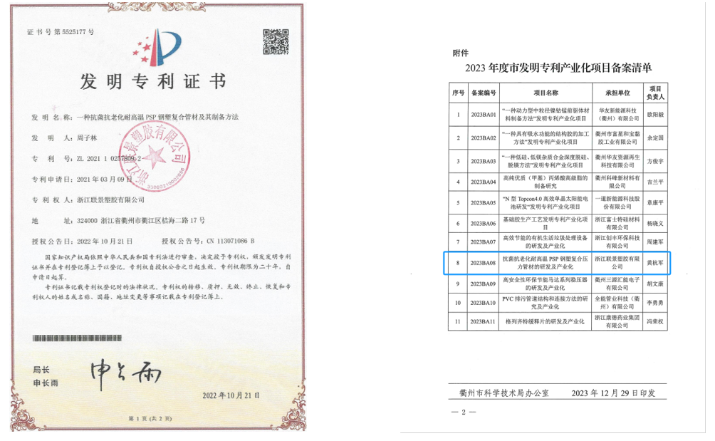 浙江PSP钢塑复合管厂家如何选?联景源头工厂优势(图1) 浙江联景技术专利.png